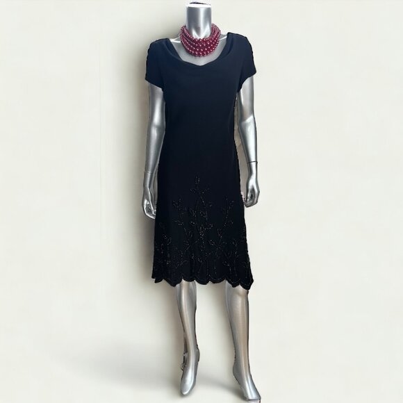 S.L Fashions Black Cocktail Beaded Midi Short Sleeve Dress - Picture 1 of 13